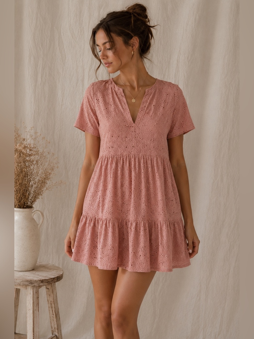 NWT Flamingals Eyelet Mini Dress Small Blush Pink Cotton Tiered Babydoll Tunic